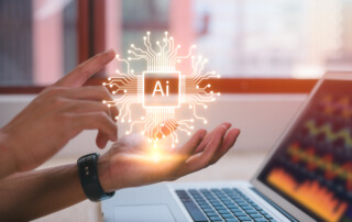 artificial intelligence AI technology and Digital transformation concept, businessman using computer laptop and holding virtual Ai icon