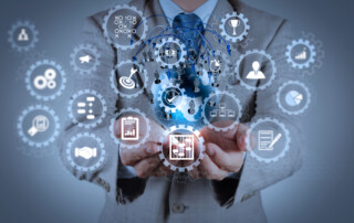 AR virtual screen dashboard with project management with icons of scheduling, budgeting, communication.businessman shows modern technology as concept