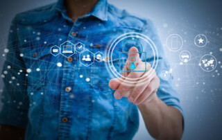 Security and Insurance Data Industry 4 Concept. Worker touched shield lock icon on virtual screen. Industrial safety, smart manufacture protection information technology integration.