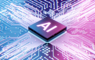 AI microprocessor on motherboard computer circuit, Artificial intelligence integrated inside Central Processors Unit or CPU chip, 3d rendering futuristic digital data technology concept background