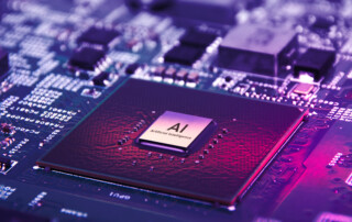 AI artificial intelligence concept, Close up of microprocessor on mainboard electronic computer background, Futuristic innovative technologies.
