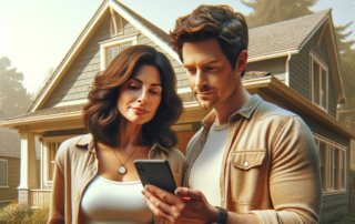 A woman and her husband standing outside of a home viewed from the street